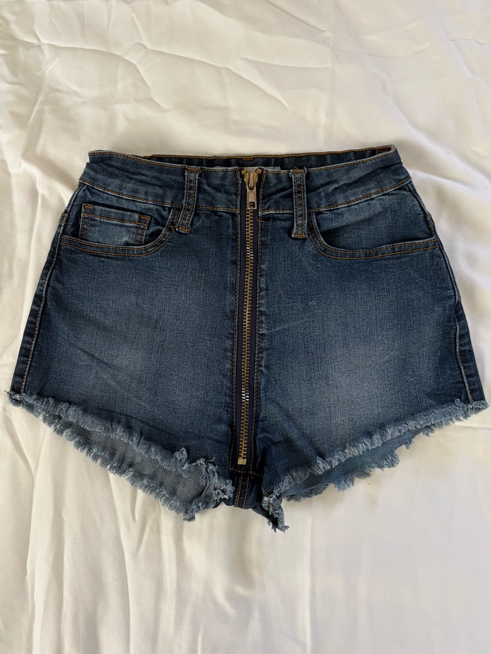 Crave Fame Dark Blue High-Rise Zip-Front Frayed Denim Shorts